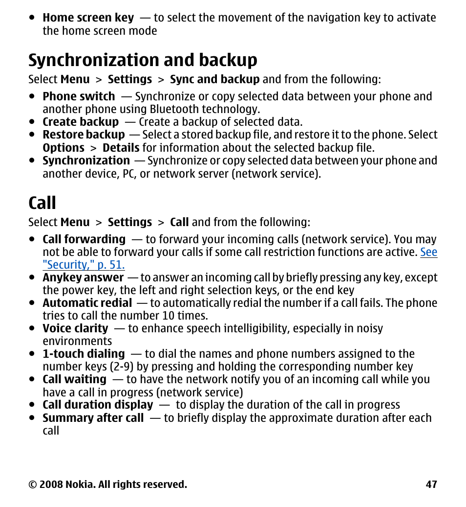 Synchronization and backup, Call | Nokia 7510 Supernova User Manual | Page 47 / 160