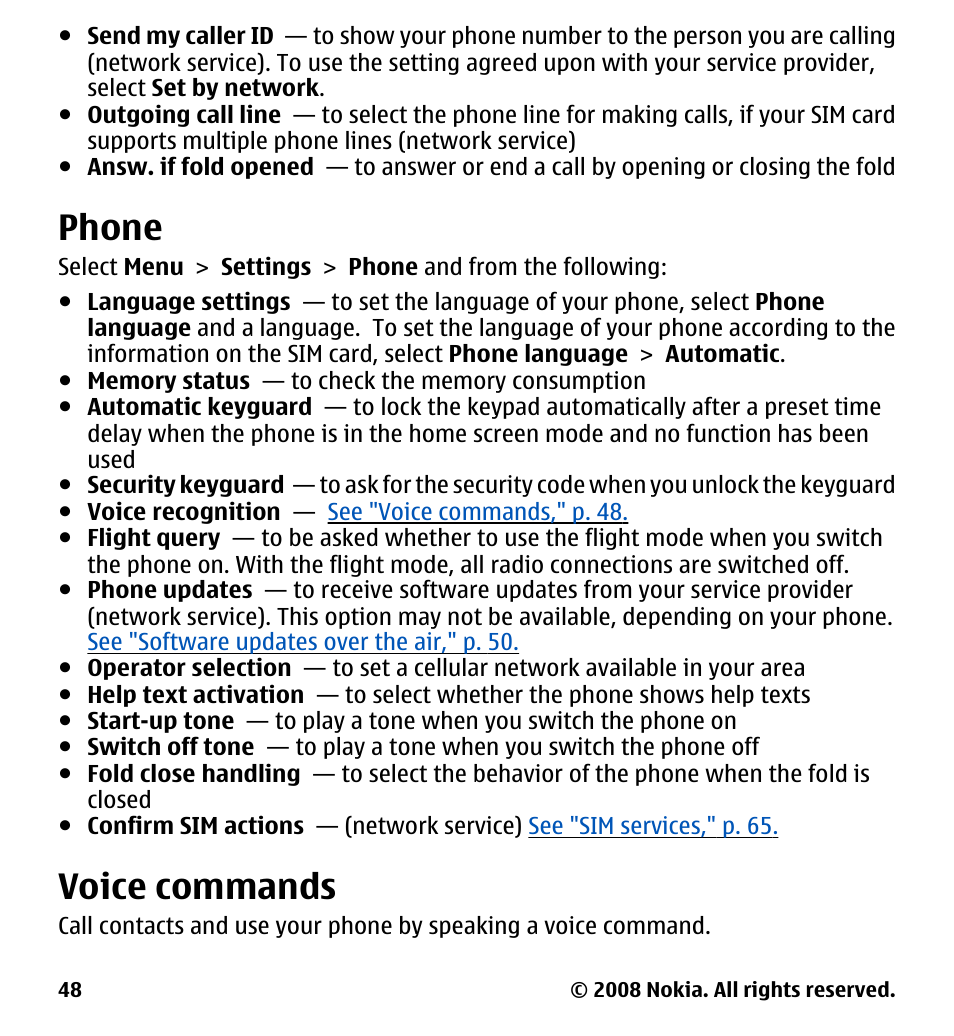 Phone, Voice commands, Phone," p. 48 | Nokia 7510 Supernova User Manual | Page 48 / 160