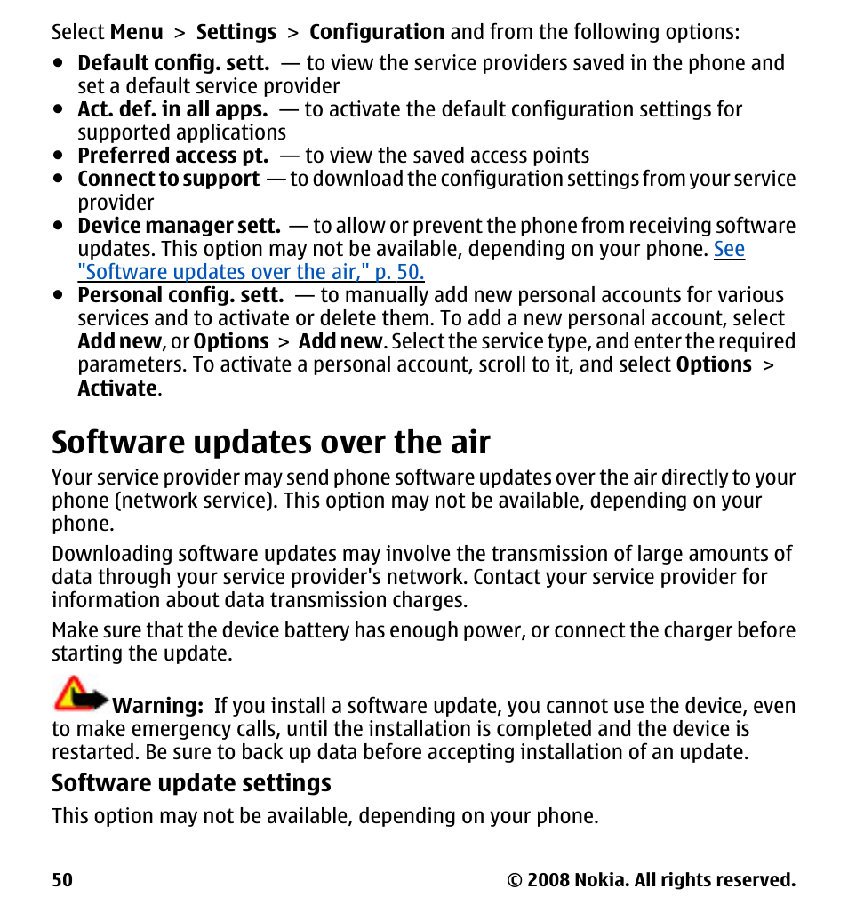 Software updates over the air, See "software updates over the, Air," p. 50 | Nokia 7510 Supernova User Manual | Page 50 / 160