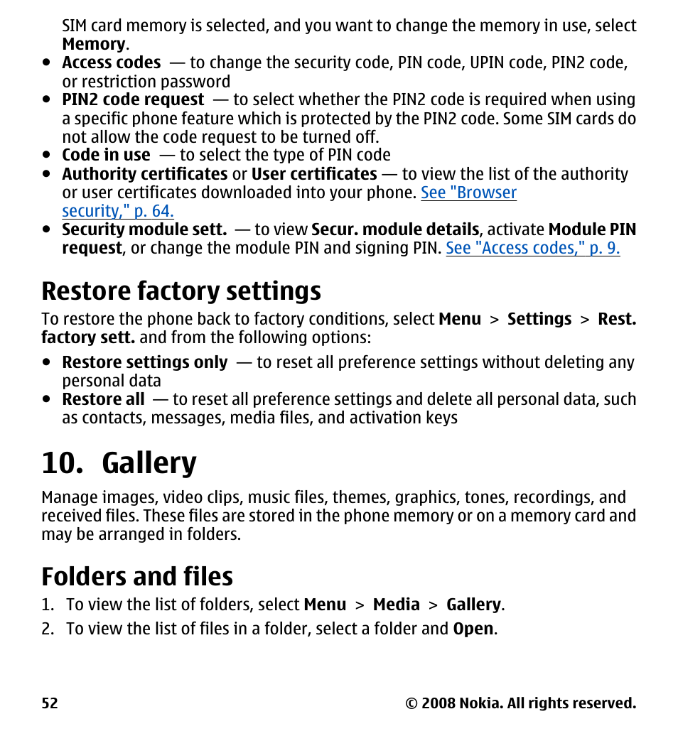 Restore factory settings, Gallery, Folders and files | See "restore factory settings," p. 52 | Nokia 7510 Supernova User Manual | Page 52 / 160