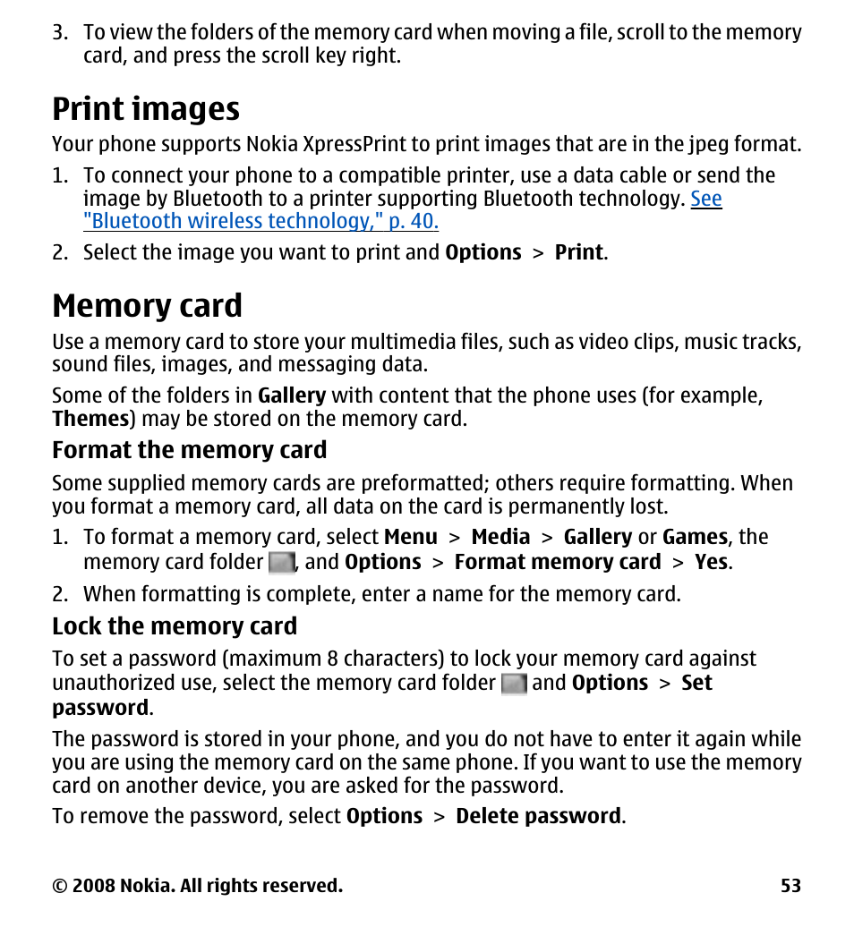 Print images, Memory card | Nokia 7510 Supernova User Manual | Page 53 / 160