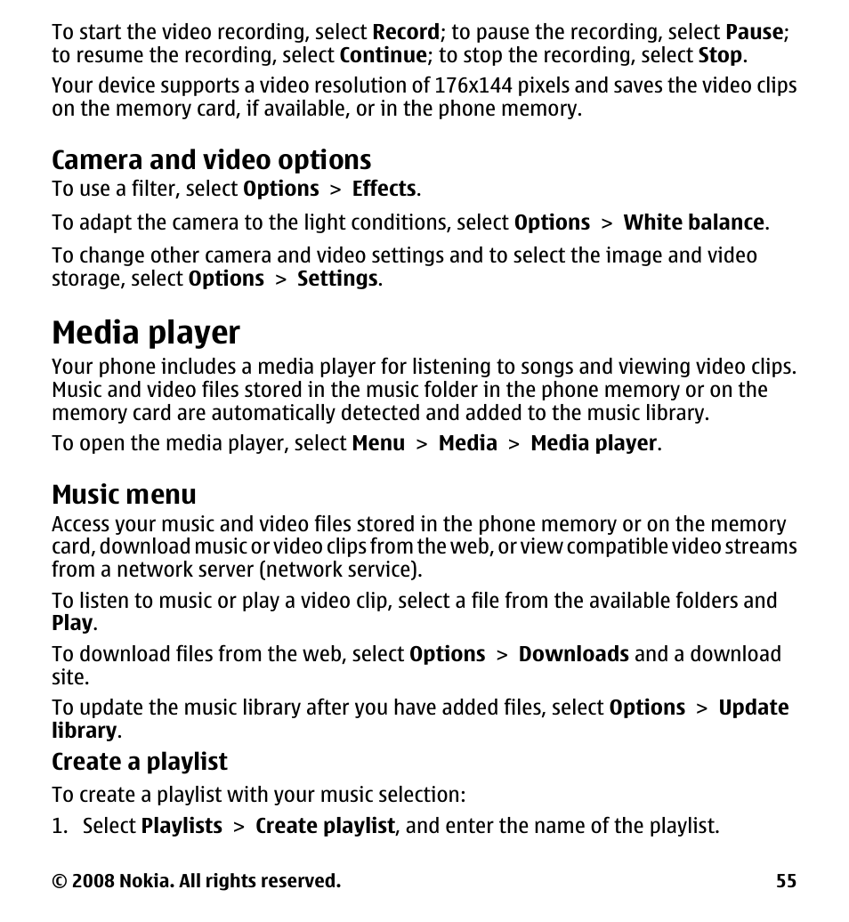Camera and video options, Media player, Music menu | Nokia 7510 Supernova User Manual | Page 55 / 160