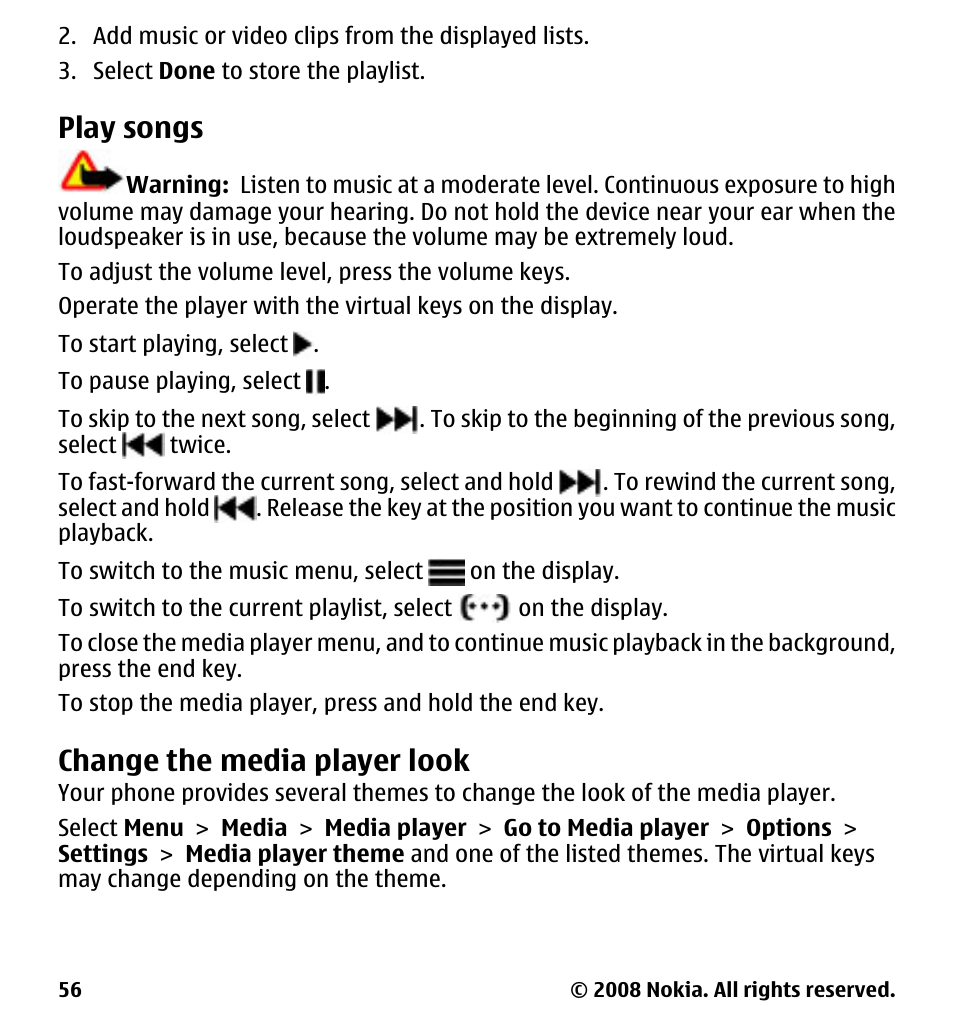 Play songs, Change the media player look | Nokia 7510 Supernova User Manual | Page 56 / 160