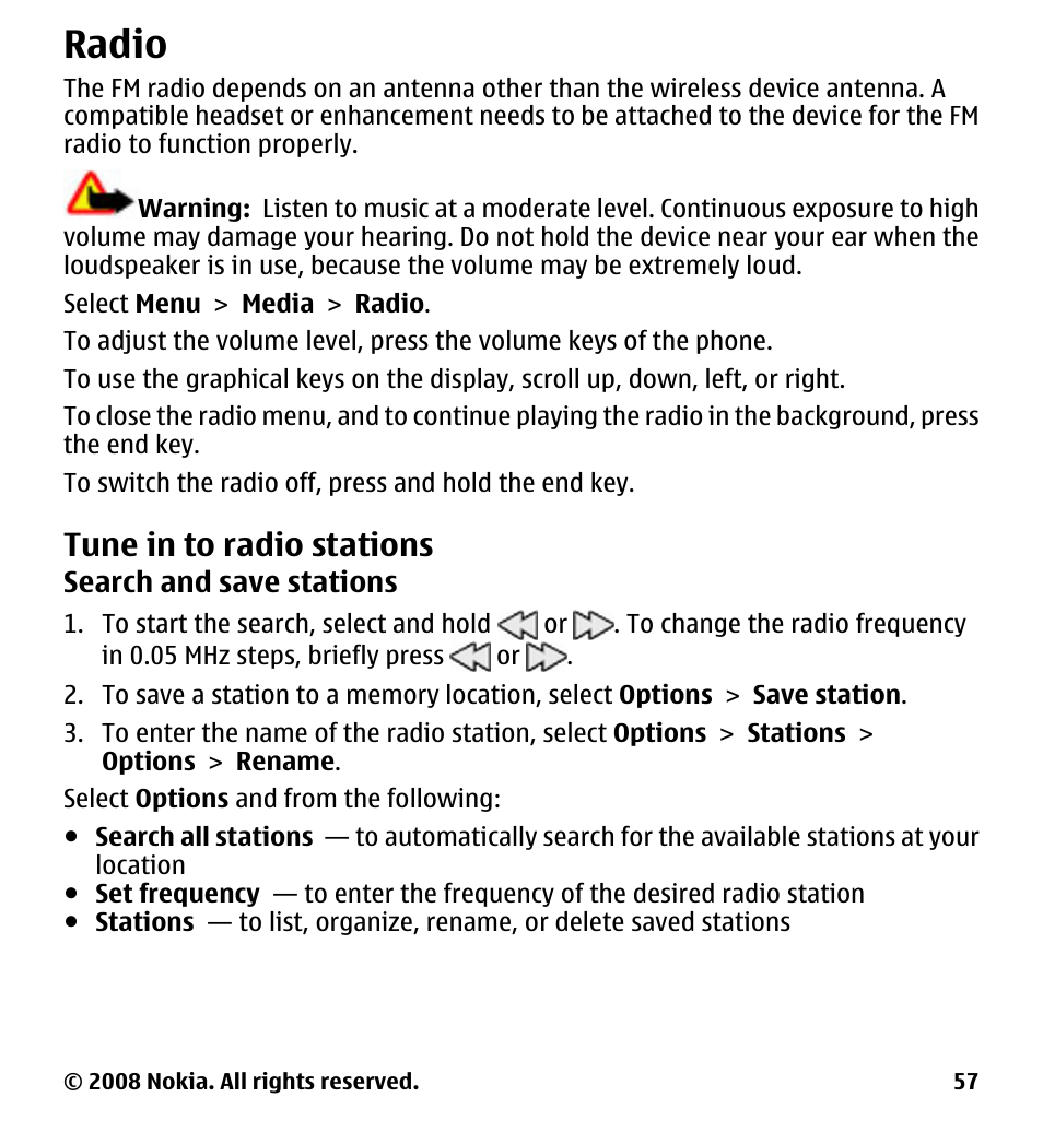 Radio, Tune in to radio stations | Nokia 7510 Supernova User Manual | Page 57 / 160