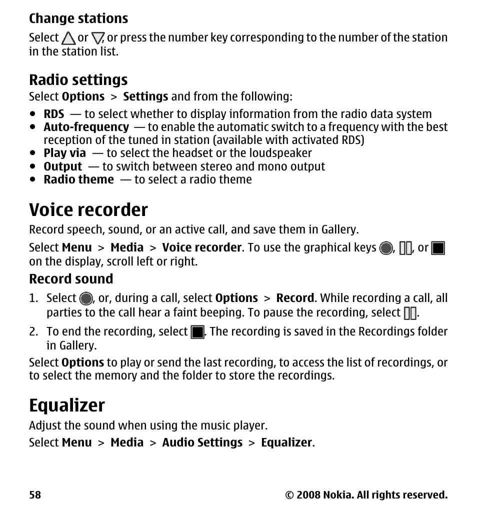 Radio settings, Voice recorder, Equalizer | Nokia 7510 Supernova User Manual | Page 58 / 160