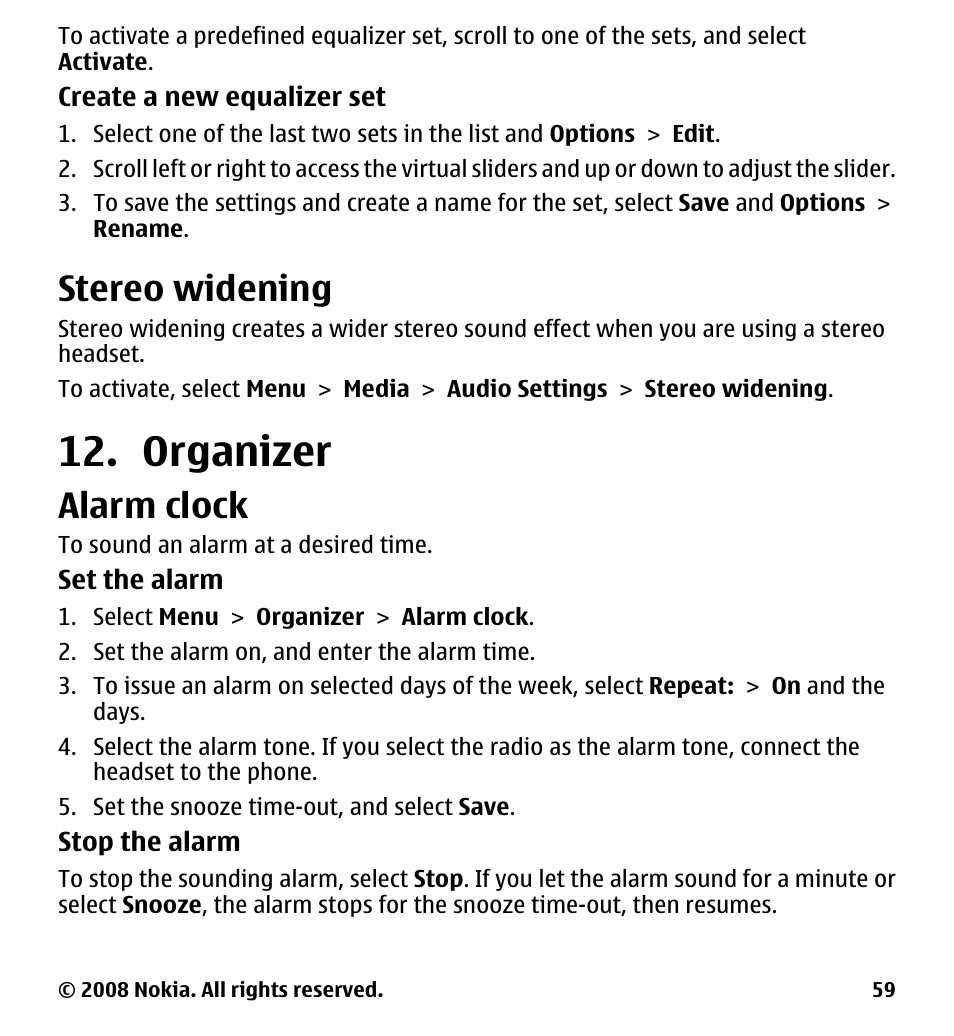 Stereo widening, Organizer, Alarm clock | Nokia 7510 Supernova User Manual | Page 59 / 160