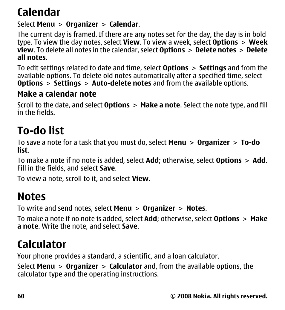 Calendar, To-do list, Notes | Calculator | Nokia 7510 Supernova User Manual | Page 60 / 160