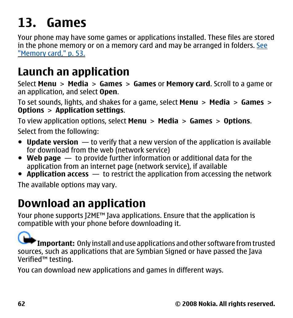 Games, Launch an application, Download an application | Nokia 7510 Supernova User Manual | Page 62 / 160