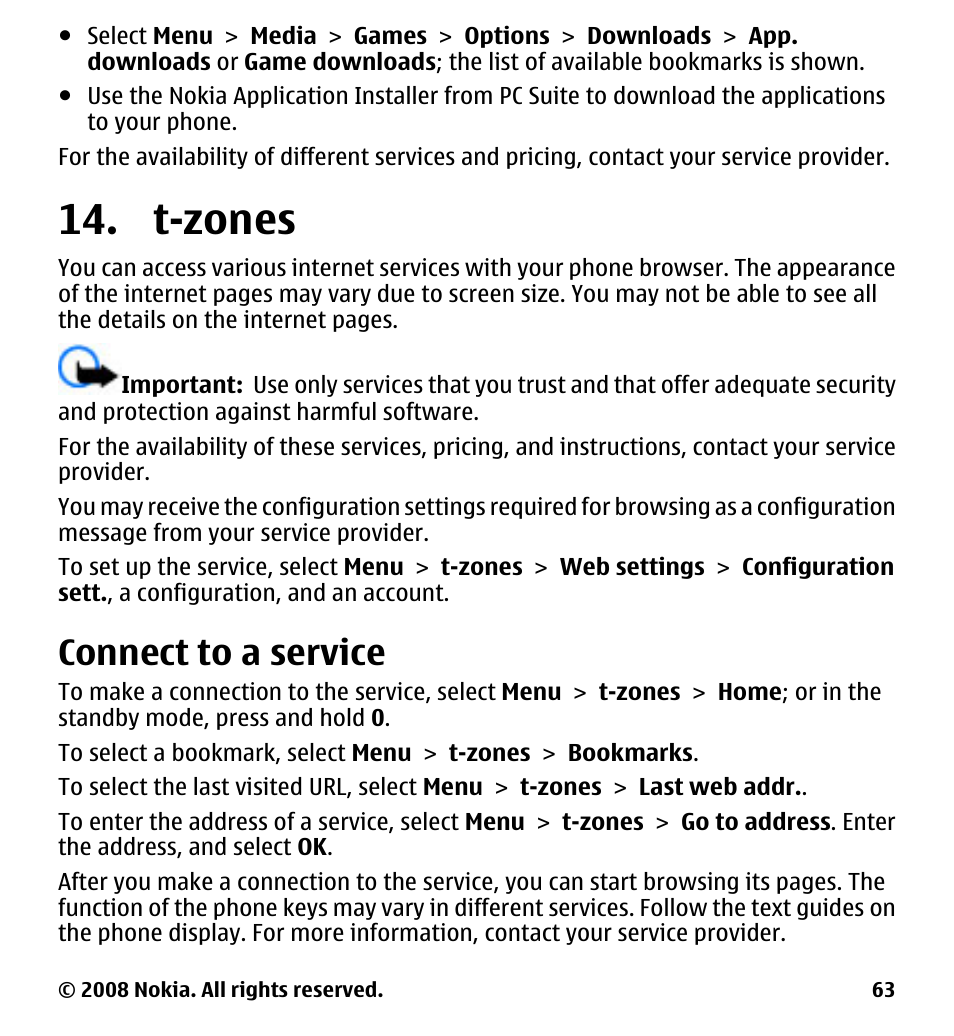 T-zones, Connect to a service | Nokia 7510 Supernova User Manual | Page 63 / 160