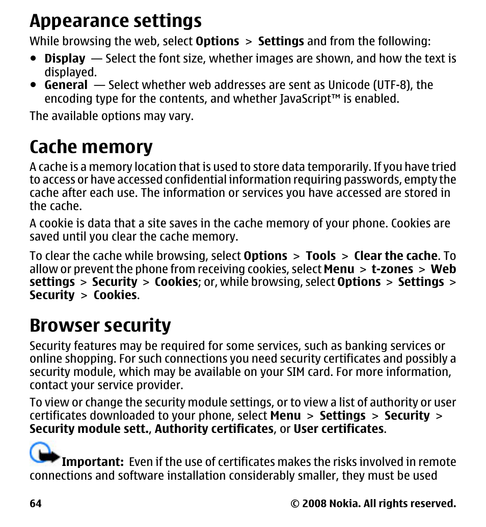 Appearance settings, Cache memory, Browser security | Your phone, See "browser, Security," p. 64 | Nokia 7510 Supernova User Manual | Page 64 / 160