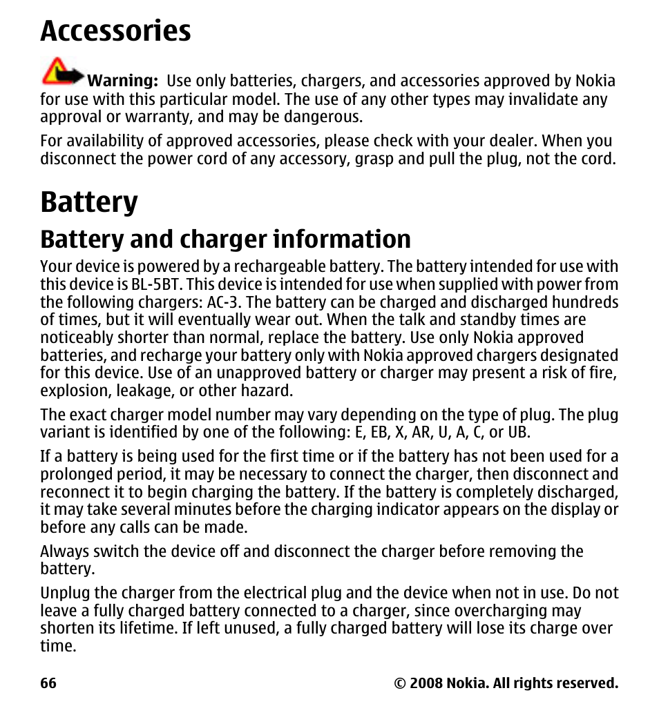 Accessories, Battery, Battery and charger information | Accessories battery, Battery and charger, Information | Nokia 7510 Supernova User Manual | Page 66 / 160