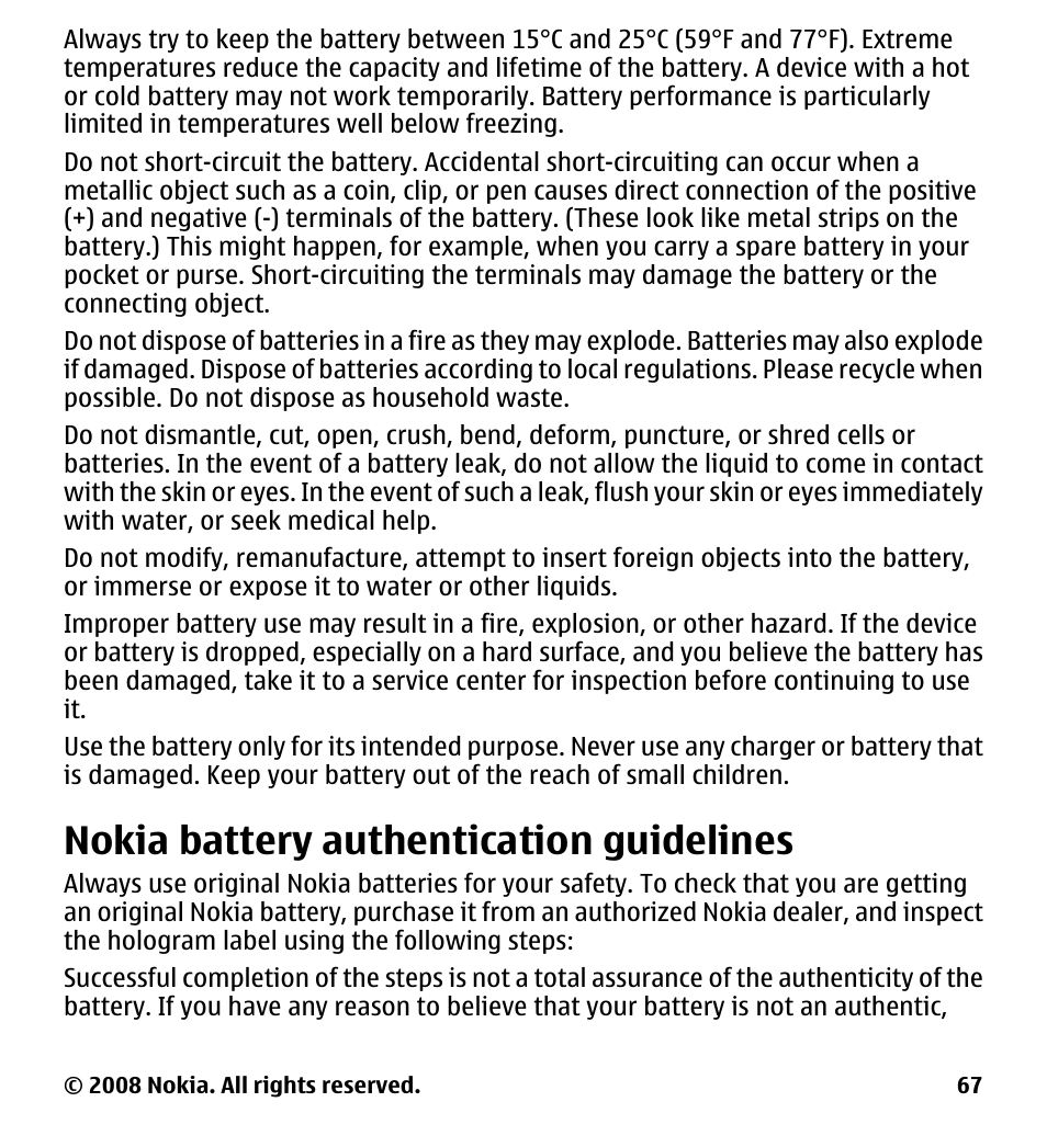 Nokia battery authentication guidelines, Nokia battery authentication, Guidelines | Nokia 7510 Supernova User Manual | Page 67 / 160