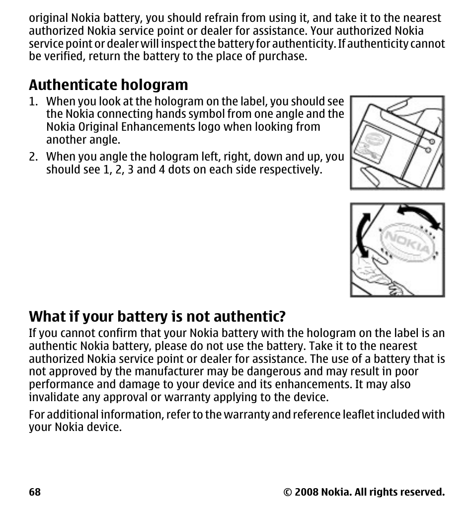 Authenticate hologram, What if your battery is not authentic, What if your battery is not | Authentic | Nokia 7510 Supernova User Manual | Page 68 / 160
