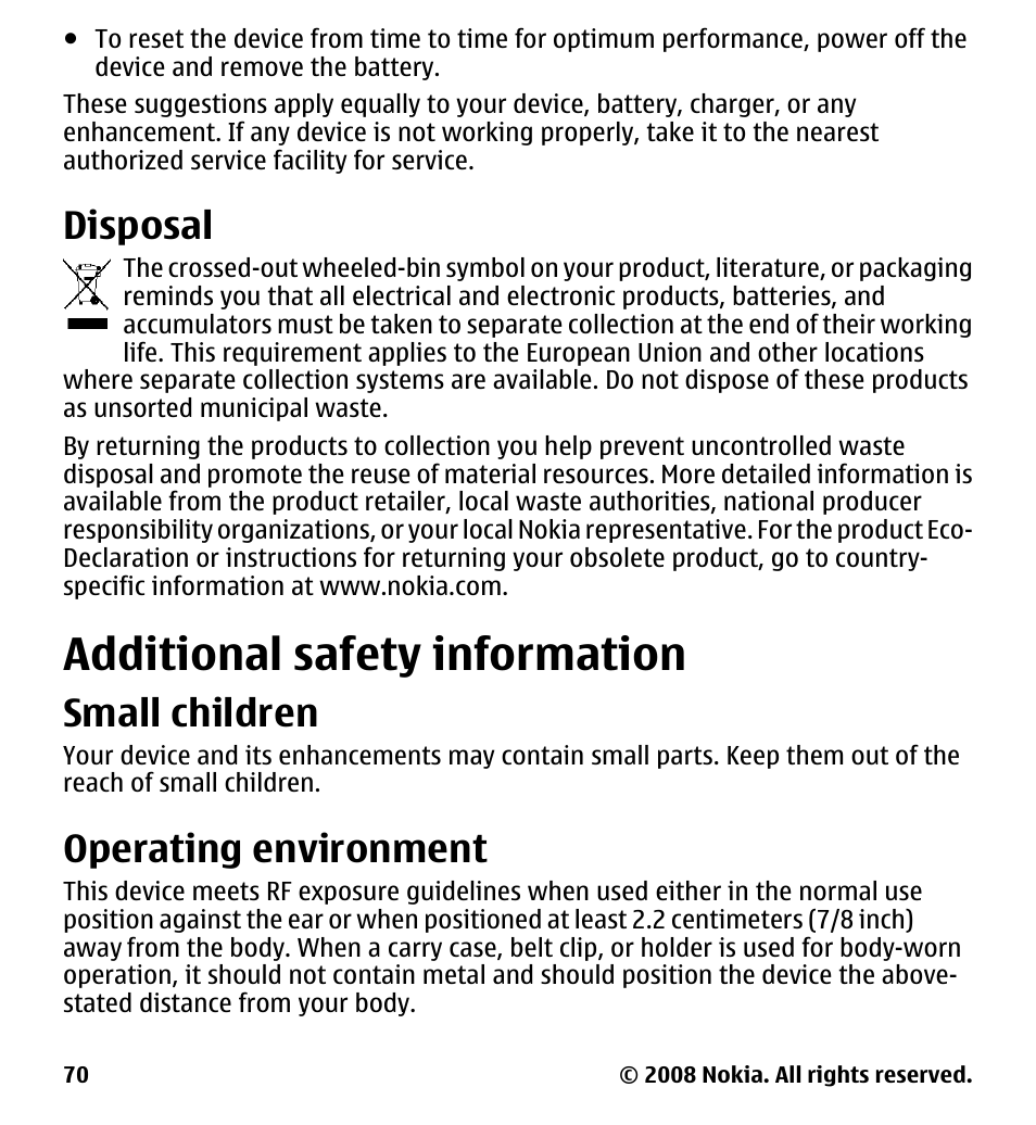 Disposal, Additional safety information, Small children | Operating environment, Additional safety, Information | Nokia 7510 Supernova User Manual | Page 70 / 160