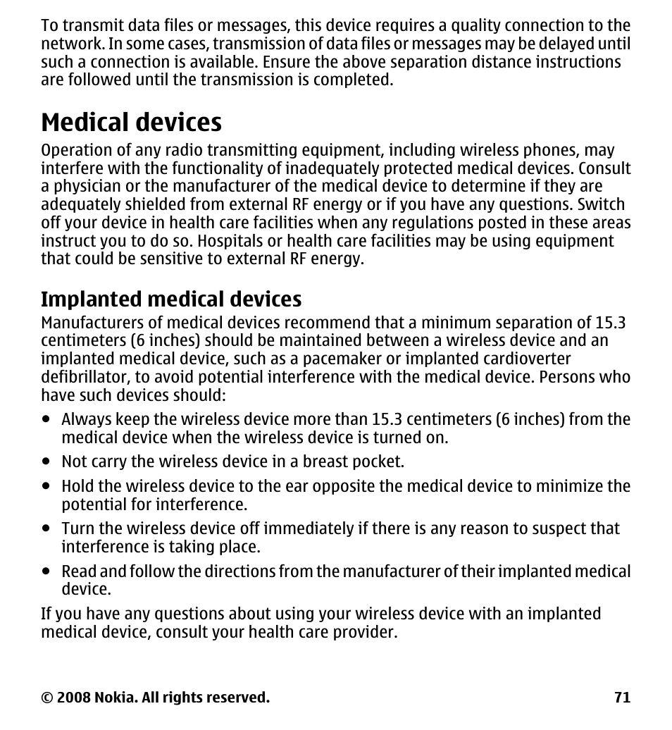 Medical devices, Implanted medical devices | Nokia 7510 Supernova User Manual | Page 71 / 160