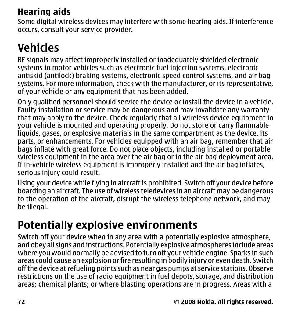 Hearing aids, Vehicles, Potentially explosive environments | Potentially explosive, Environments | Nokia 7510 Supernova User Manual | Page 72 / 160