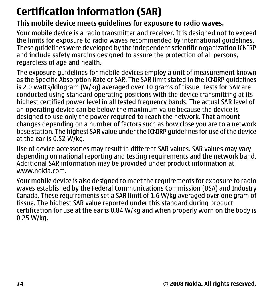 Certification information (sar) | Nokia 7510 Supernova User Manual | Page 74 / 160