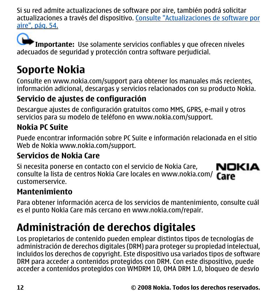 Soporte nokia, Administración de derechos digitales, Administración de derechos | Digitales, Consulte "soporte, Nokia", pág. 12 | Nokia 7510 Supernova User Manual | Page 89 / 160
