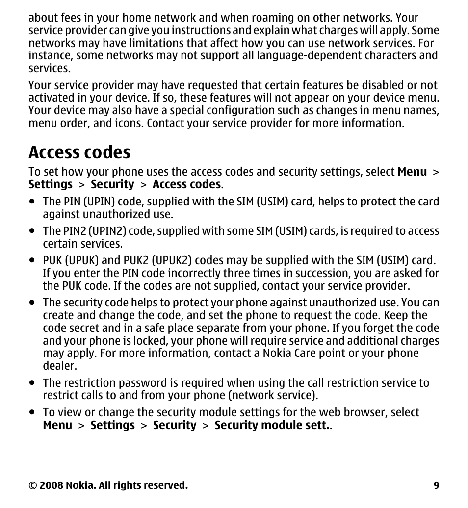 Access codes | Nokia 7510 Supernova User Manual | Page 9 / 160