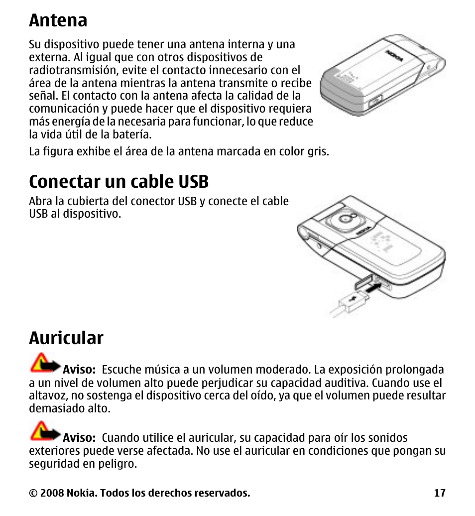 Antena, Conectar un cable usb, Auricular | Nokia 7510 Supernova User Manual | Page 94 / 160