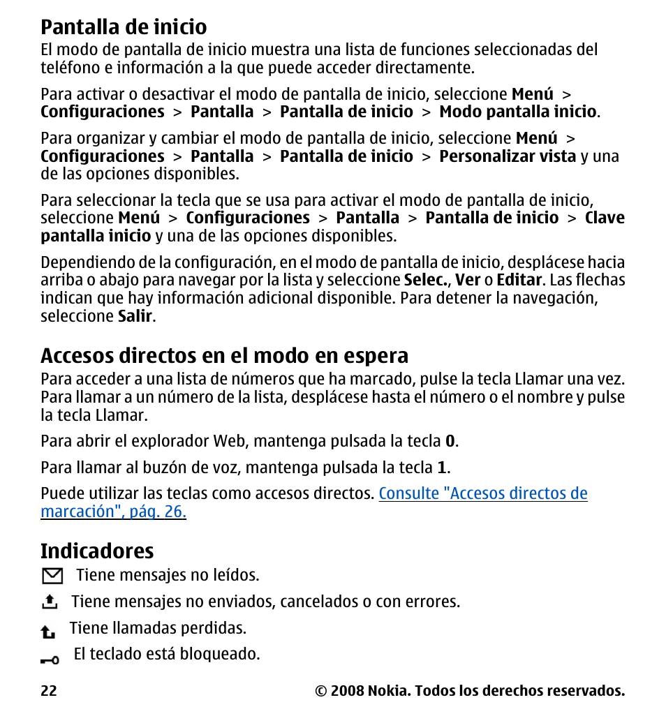 Pantalla de inicio, Accesos directos en el modo en espera, Indicadores | Accesos directos en el modo en, Espera | Nokia 7510 Supernova User Manual | Page 99 / 160