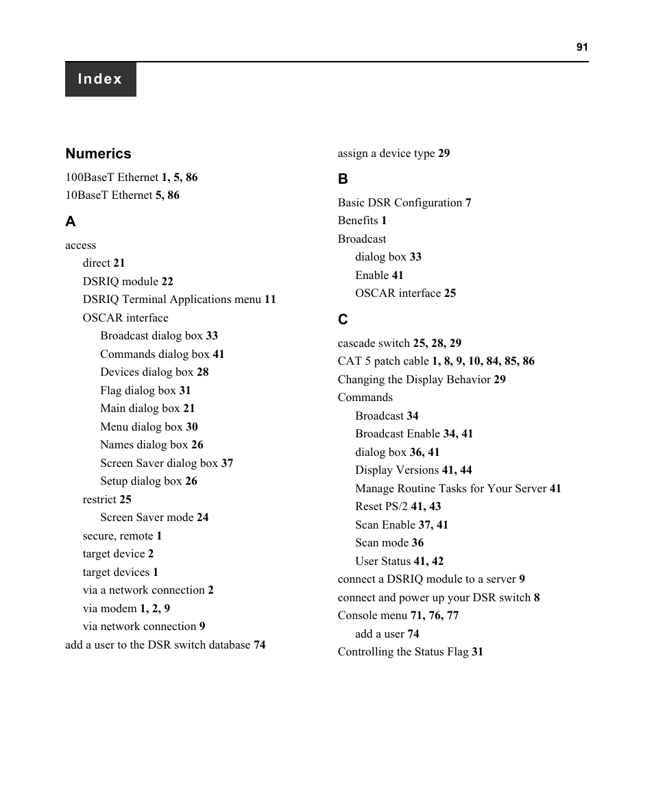 Index, Numerics | Avocent DSR1021 User Manual | Page 103 / 110