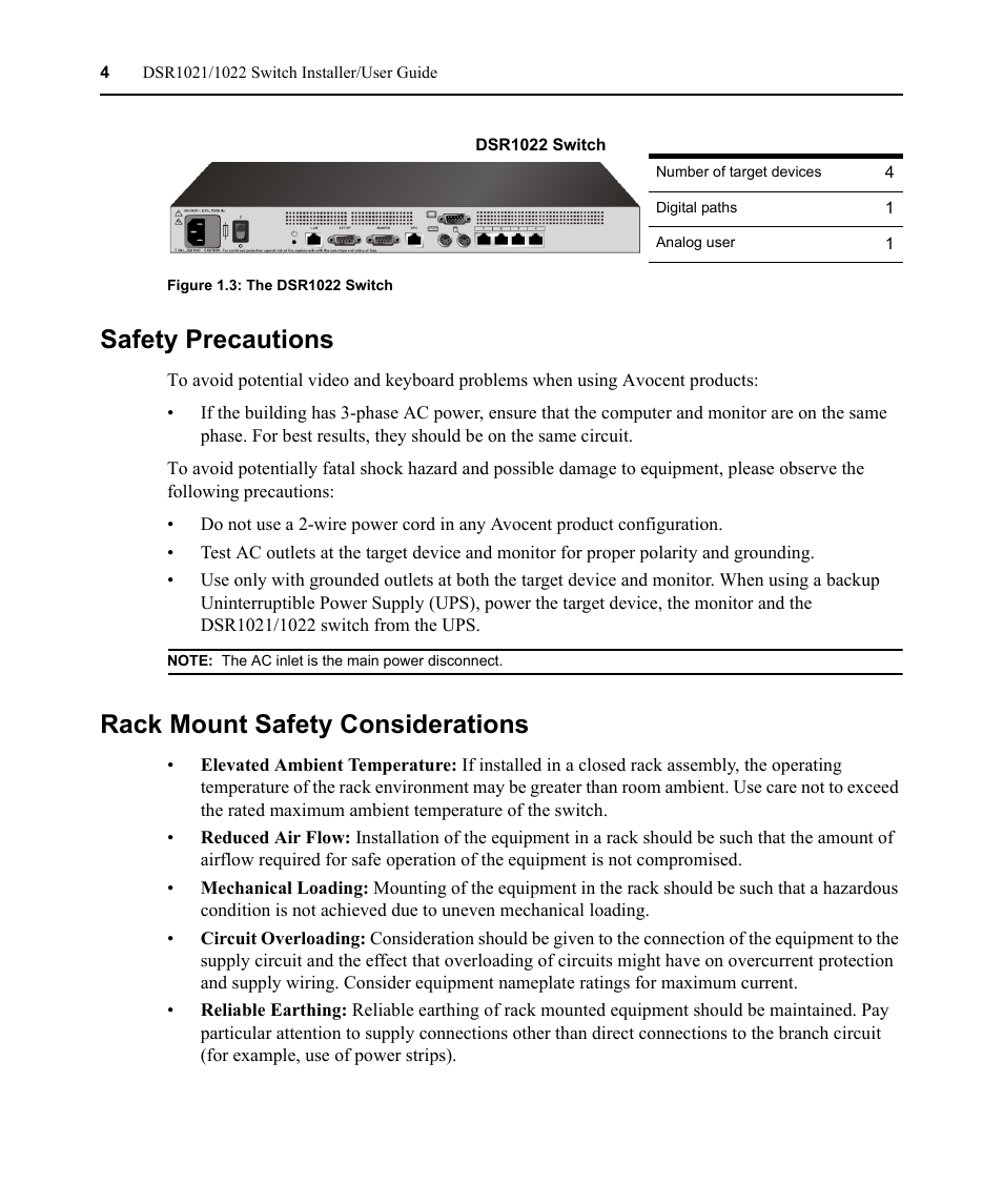 Safety precautions, Rack mount safety considerations, Figure 1.3: the dsr1022 switch | Avocent DSR1021 User Manual | Page 16 / 110