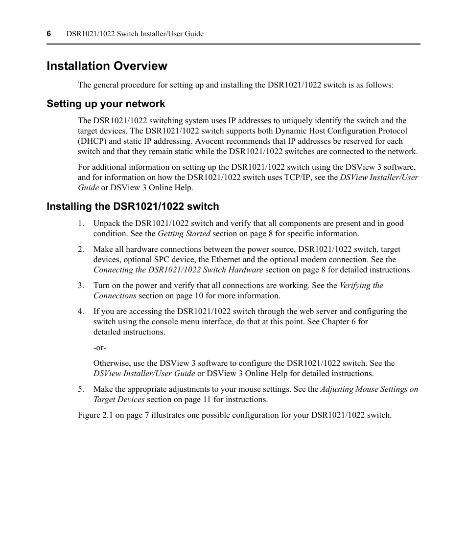 Installation overview, Setting up your network, Installing the dsr1021/1022 switch | Avocent DSR1021 User Manual | Page 18 / 110