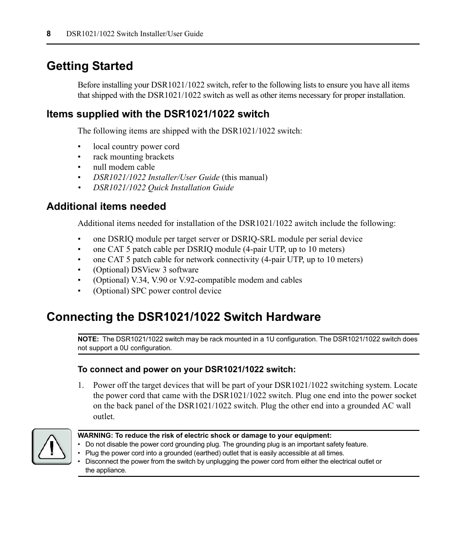 Getting started, Items supplied with the dsr1021/1022 switch, Additional items needed | Connecting the dsr1021/1022 switch hardware | Avocent DSR1021 User Manual | Page 20 / 110