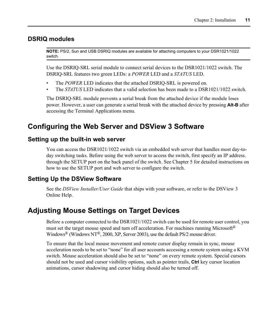 Dsriq modules, Configuring the web server and dsview 3 software, Setting up the built-in web server | Setting up the dsview software, Adjusting mouse settings on target devices, E adjusting mouse settings on | Avocent DSR1021 User Manual | Page 23 / 110