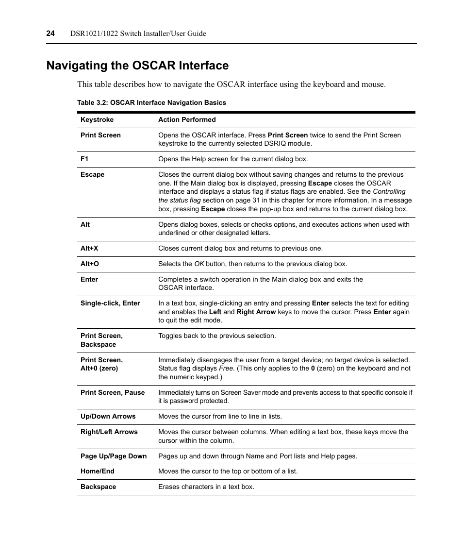 Navigating the oscar interface, Table 3.2: oscar interface navigation basics | Avocent DSR1021 User Manual | Page 36 / 110