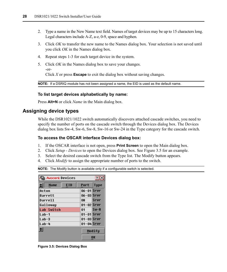 Assigning device types, Figure 3.5: devices dialog box | Avocent DSR1021 User Manual | Page 40 / 110