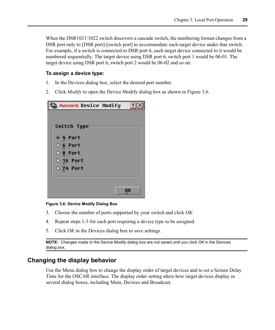 Changing the display behavior, Figure 3.6: device modify dialog box | Avocent DSR1021 User Manual | Page 41 / 110