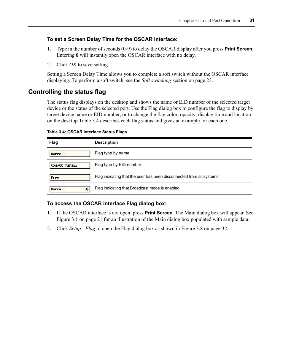 Controlling the status flag, Table 3.4: oscar interface status flags | Avocent DSR1021 User Manual | Page 43 / 110