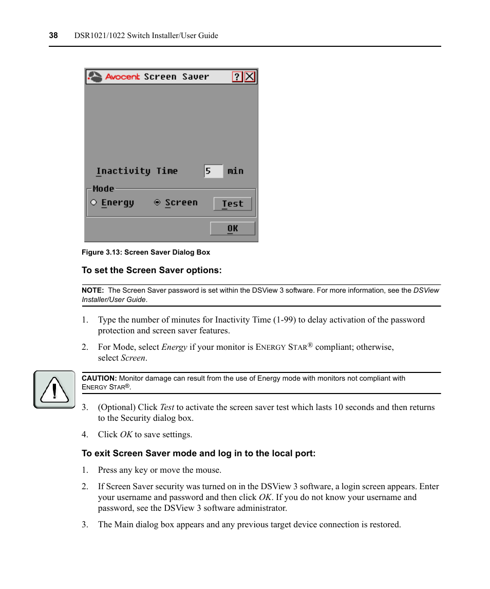 Figure 3.13: screen saver dialog box, Figure 3.13 on | Avocent DSR1021 User Manual | Page 50 / 110
