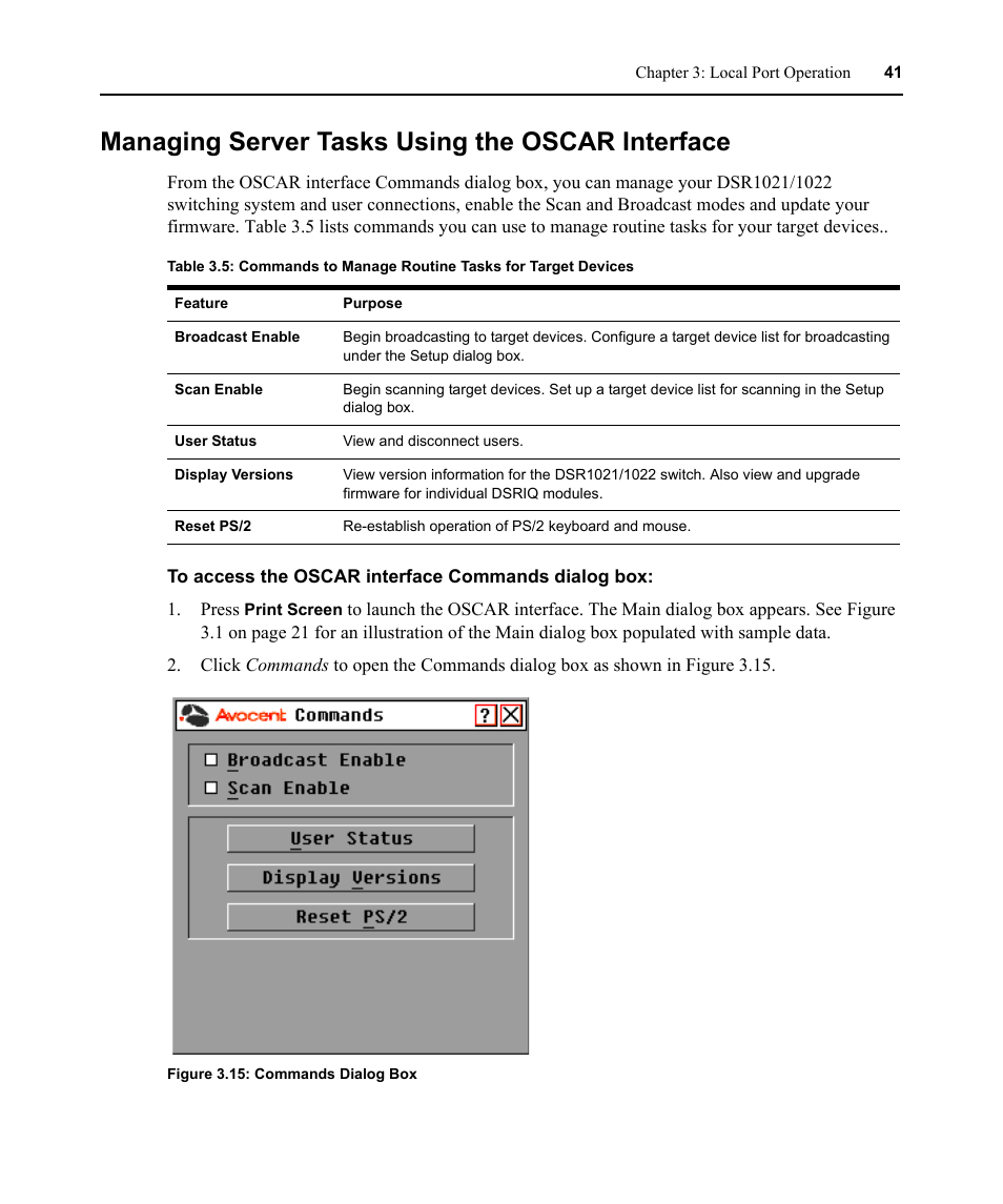 Managing server tasks using the oscar interface, Figure 3.15: commands dialog box | Avocent DSR1021 User Manual | Page 53 / 110