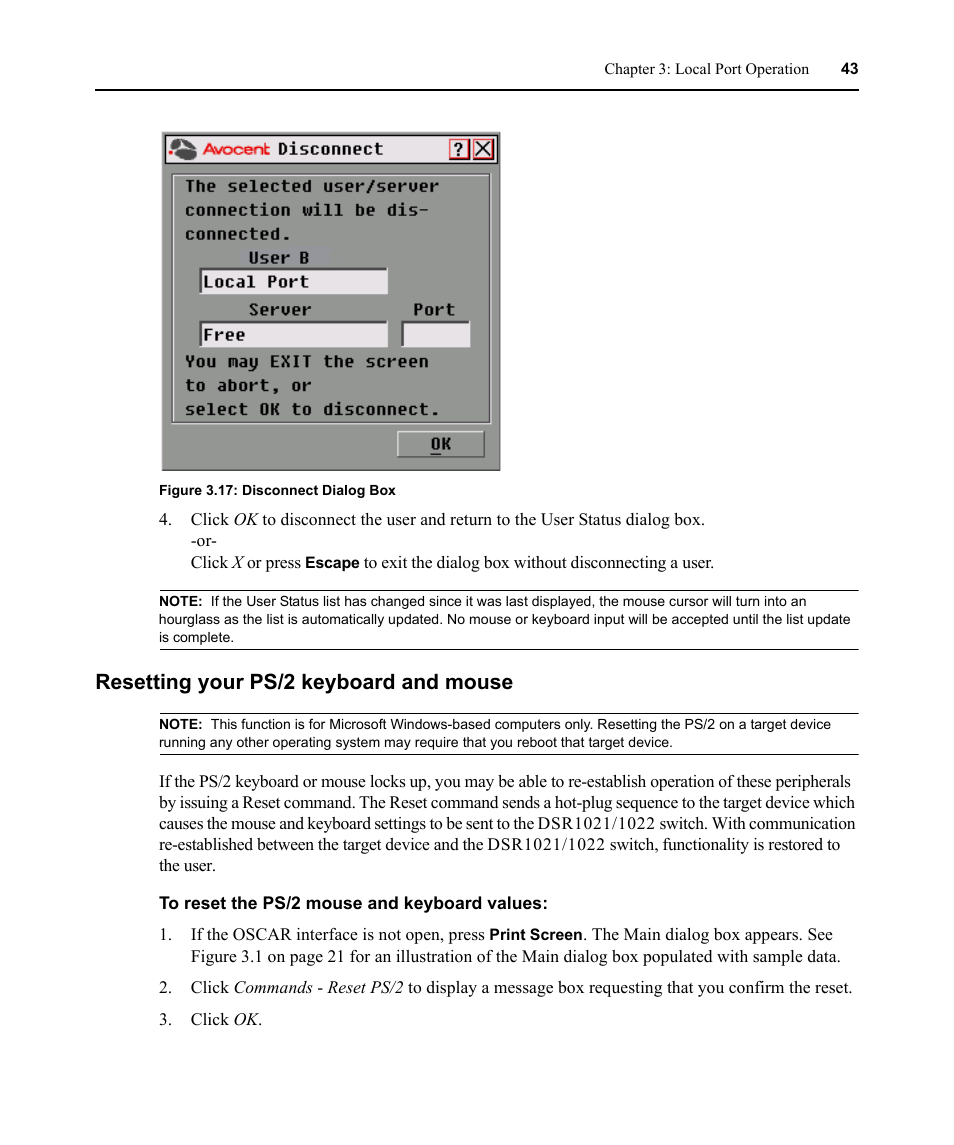 Resetting your ps/2 keyboard and mouse, Figure 3.17: disconnect dialog box | Avocent DSR1021 User Manual | Page 55 / 110