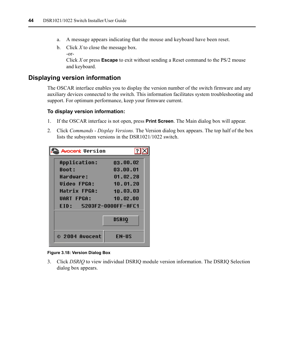 Displaying version information, Figure 3.18: version dialog box | Avocent DSR1021 User Manual | Page 56 / 110