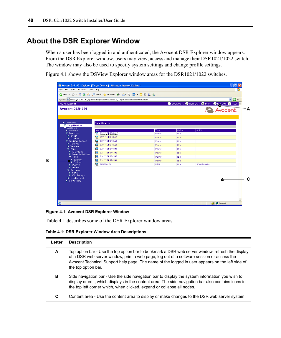 About the dsr explorer window, Figure 4.1: avocent dsr explorer window, Table 4.1: dsr explorer window area descriptions | Avocent DSR1021 User Manual | Page 60 / 110