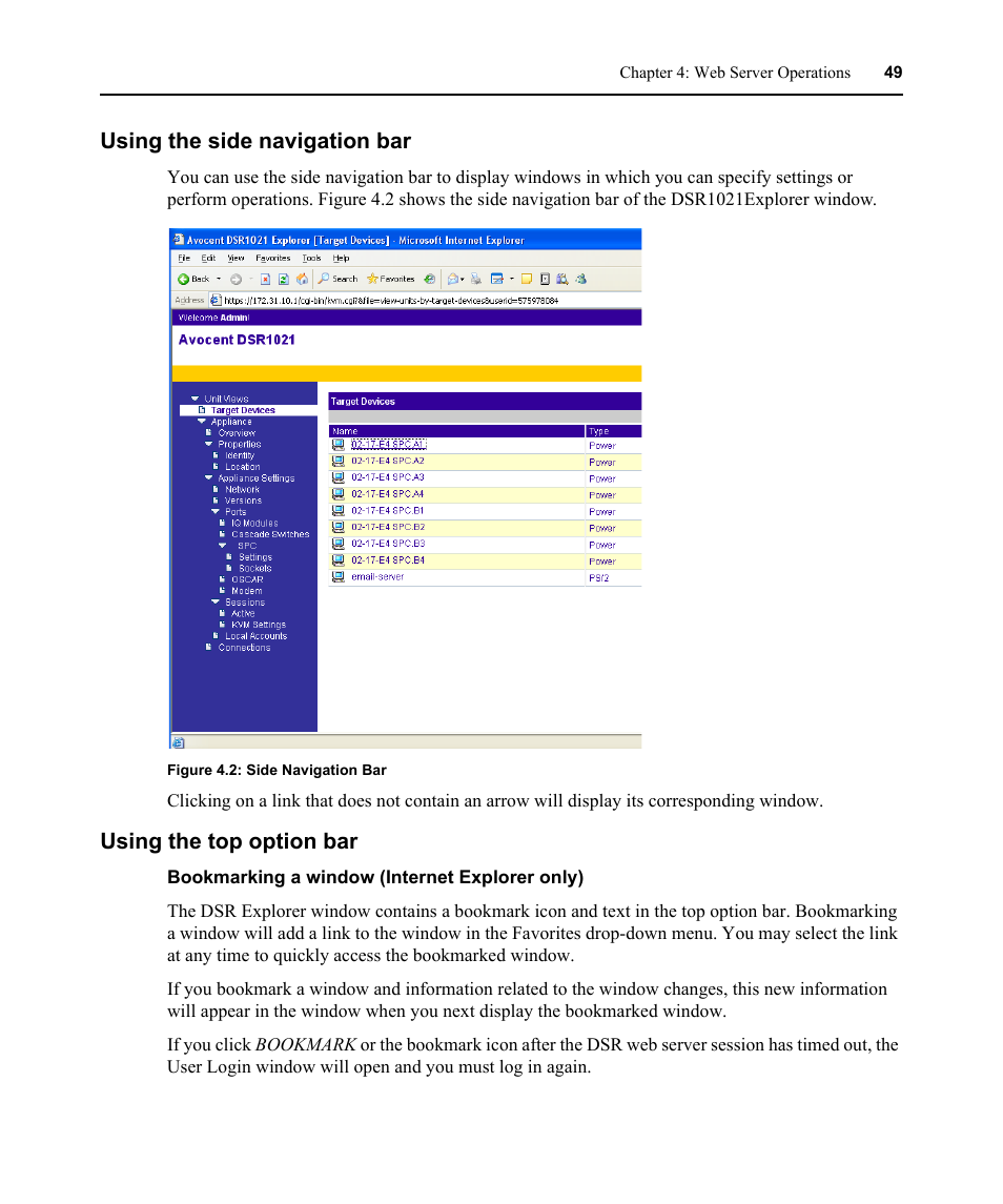 Using the side navigation bar, Using the top option bar, Bookmarking a window (internet explorer only) | Figure 4.2: side navigation bar | Avocent DSR1021 User Manual | Page 61 / 110