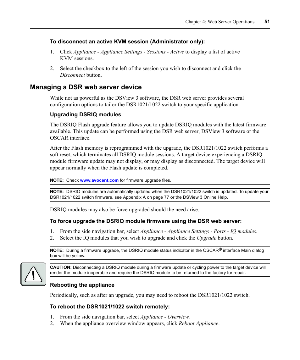 Managing a dsr web server device, Upgrading dsriq modules, Rebooting the appliance | Avocent DSR1021 User Manual | Page 63 / 110