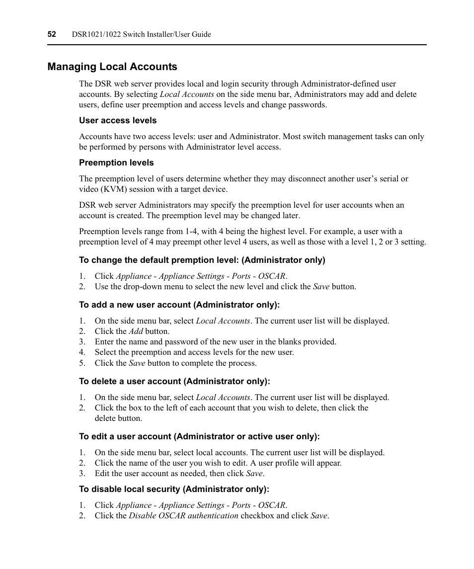 Managing local accounts, User access levels, Preemption levels | Avocent DSR1021 User Manual | Page 64 / 110