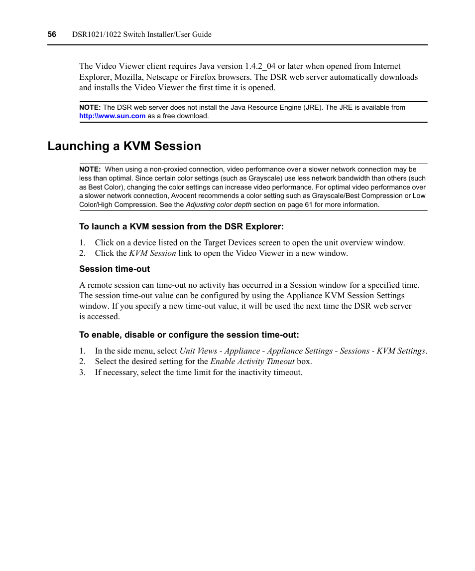 Launching a kvm session, Session time-out | Avocent DSR1021 User Manual | Page 68 / 110