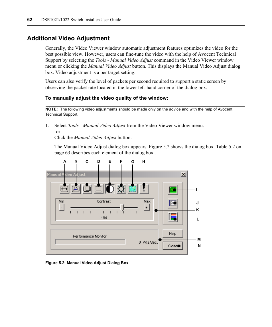 Additional video adjustment, Figure 5.2: manual video adjust dialog box | Avocent DSR1021 User Manual | Page 74 / 110