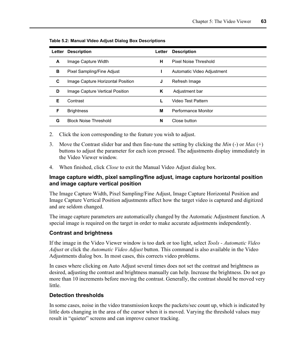 Contrast and brightness, Detection thresholds | Avocent DSR1021 User Manual | Page 75 / 110