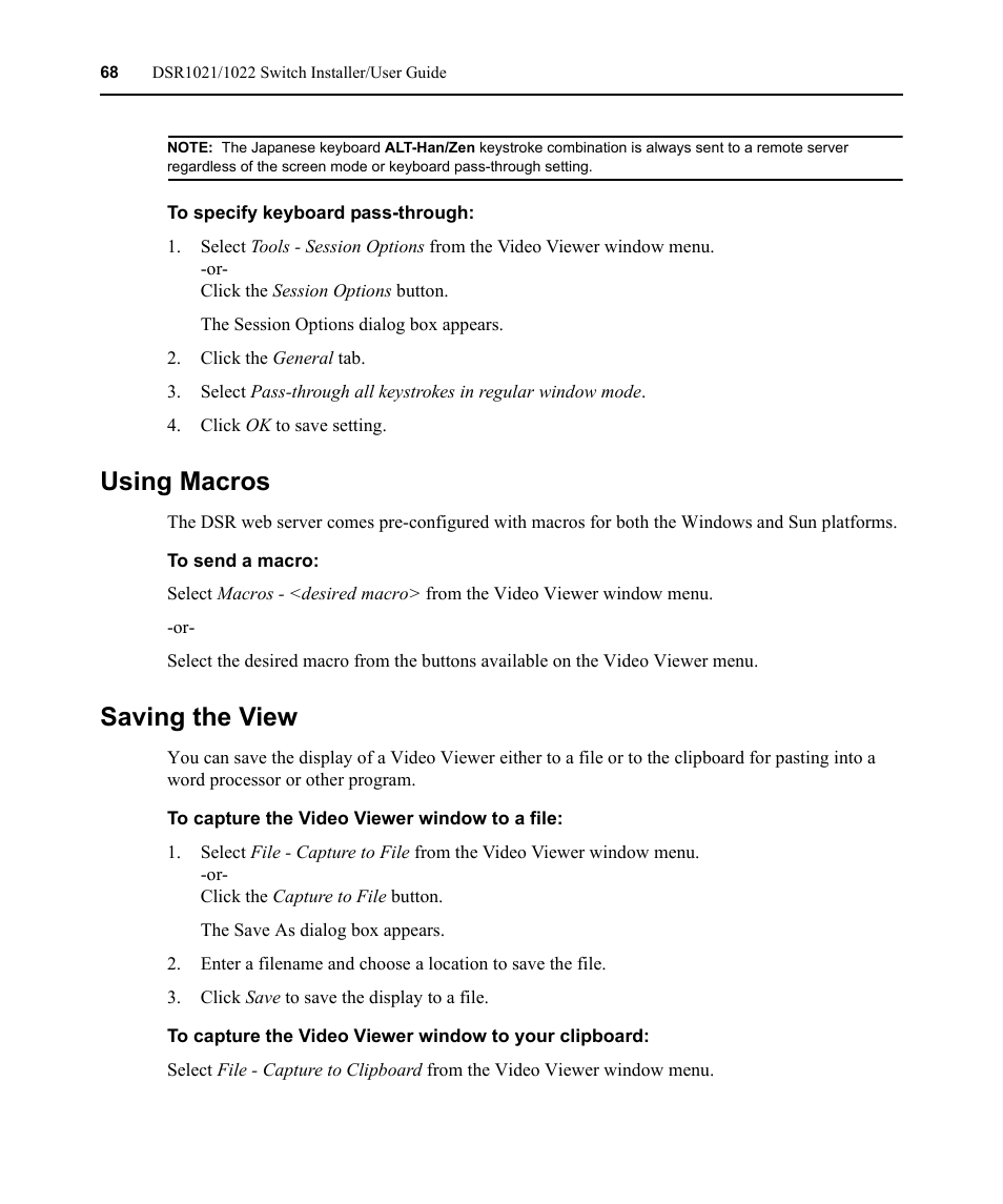Using macros, Saving the view, Using macros saving the view | Avocent DSR1021 User Manual | Page 80 / 110