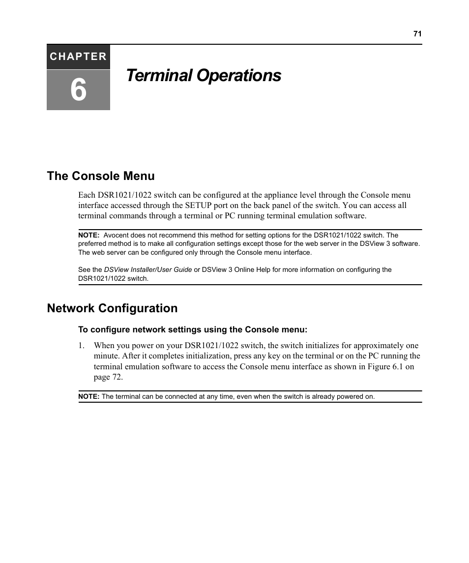 Terminal operations, The console menu, Network configuration | Chapter 6: terminal operations, The console menu network configuration, Chapter 6 for | Avocent DSR1021 User Manual | Page 83 / 110