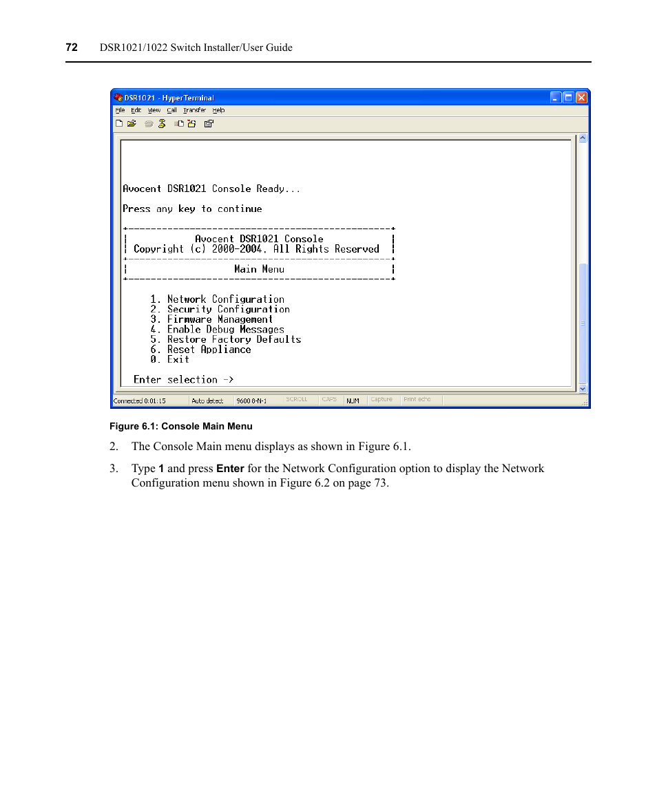 Figure 6.1: console main menu | Avocent DSR1021 User Manual | Page 84 / 110