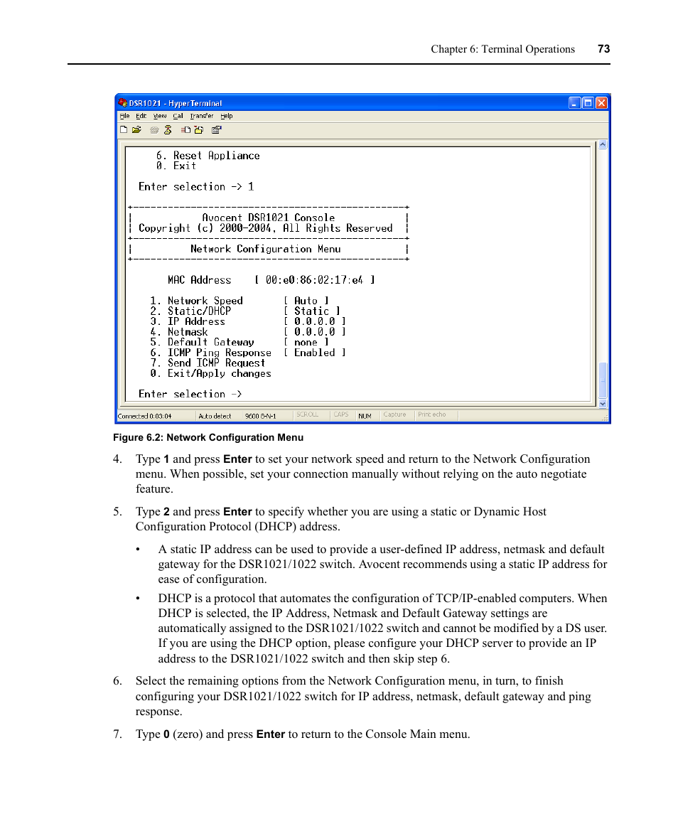 Figure 6.2: network configuration menu | Avocent DSR1021 User Manual | Page 85 / 110