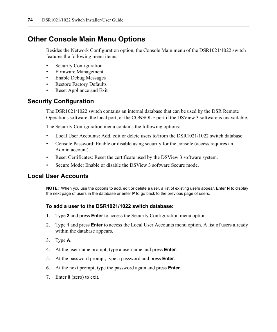 Other console main menu options, Security configuration, Local user accounts | Security configuration local user accounts | Avocent DSR1021 User Manual | Page 86 / 110